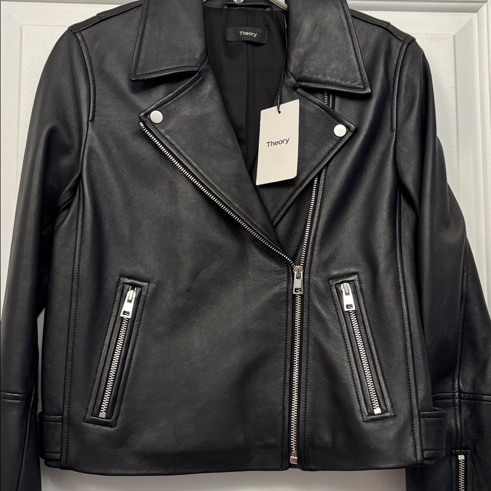 NWT Theory Moto Black Biker Grain Lamb Leather Jacket with Silver Accents Size M - Picture 12 of 16
